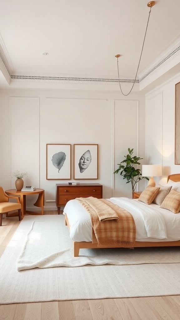 A calming Japandi bedroom with wooden furniture, soft colors, and minimalist decor.