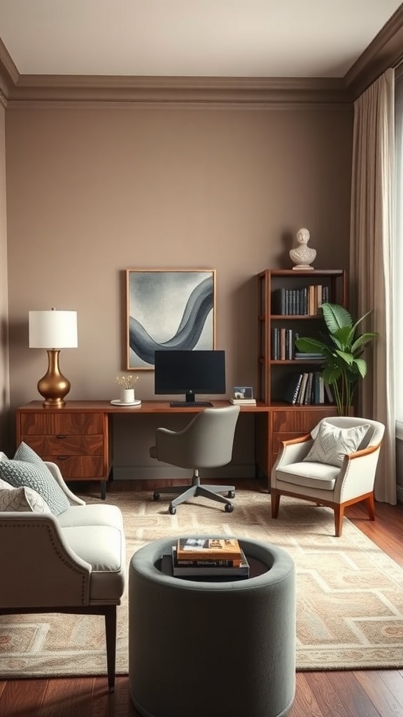 A calming home office with muted wall colors, wooden furniture, and soft textures.