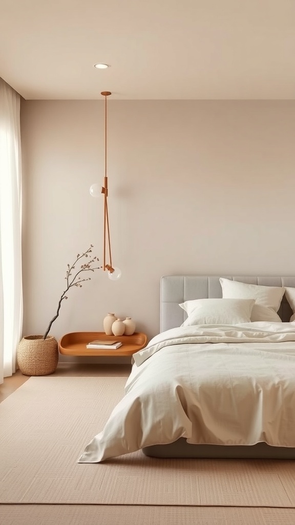 A calming Japandi bedroom with neutral colors, featuring a bed with soft bedding, a wooden side table, and natural decor.