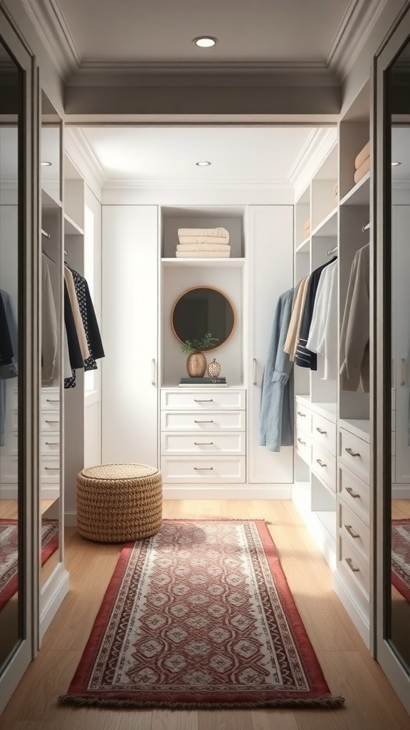 A minimalist walk-in closet featuring calming colors, with white cabinetry, light wood flooring, and a patterned rug.