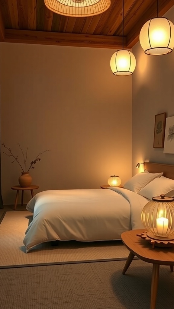 A calming Japandi bedroom with soft lighting and minimalist decor.