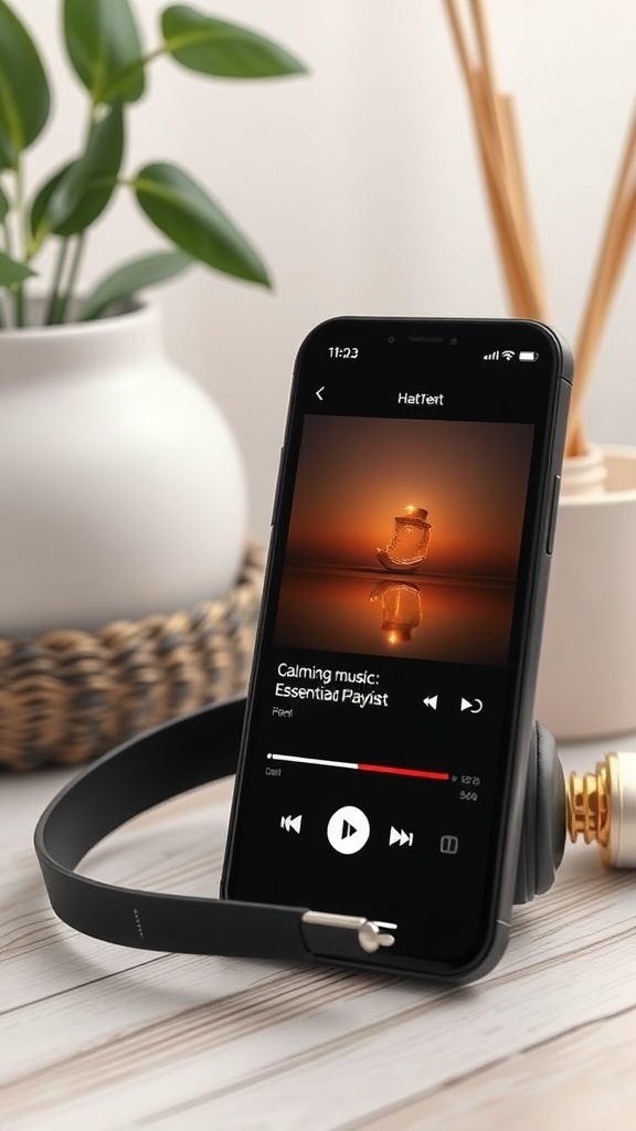A smartphone displaying a calming music playlist with a plant and decorative items in the background.