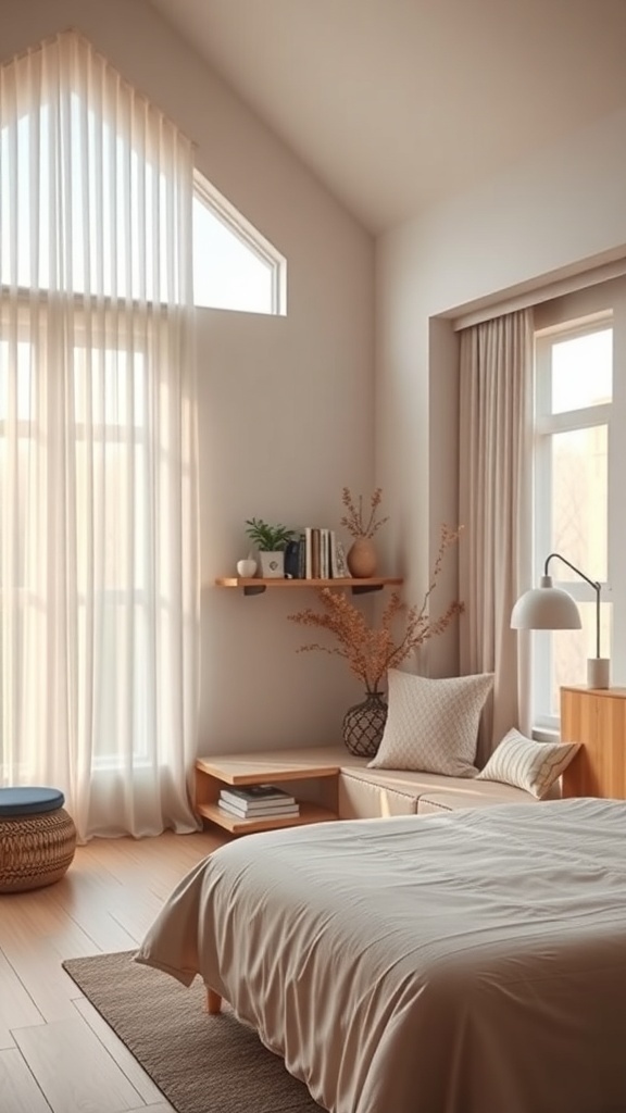 A serene bedroom with a cozy reading nook, featuring large windows, sheer curtains, and a comfortable chair.