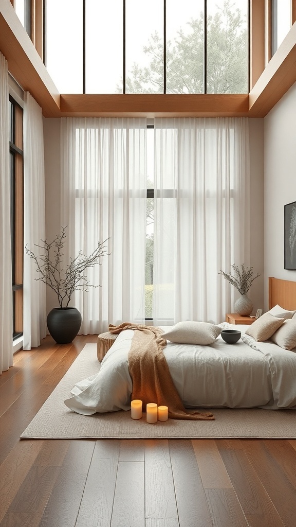 A serene Japandi bedroom with large windows, wooden accents, and calming decor.