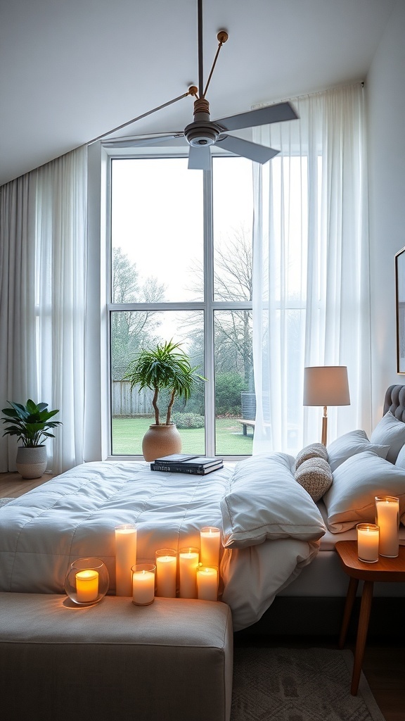 A serene bedroom with candles, plants, and soft bedding creating a calming atmosphere.