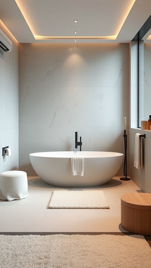 Minimalistisches Badezimmer mit freistehender Badewanne und sanfter Beleuchtung