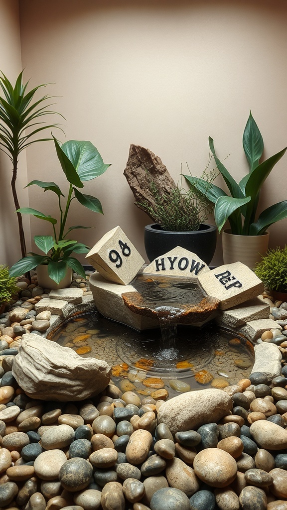 A calming indoor water feature surrounded by pebbles and plants.