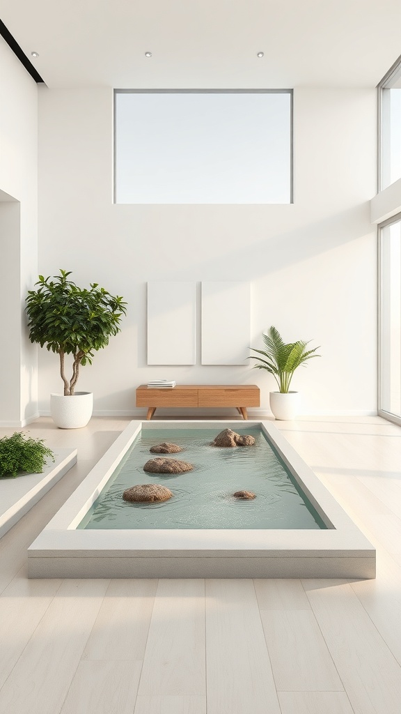 Minimalist indoor water feature with rocks and plants in a bright room