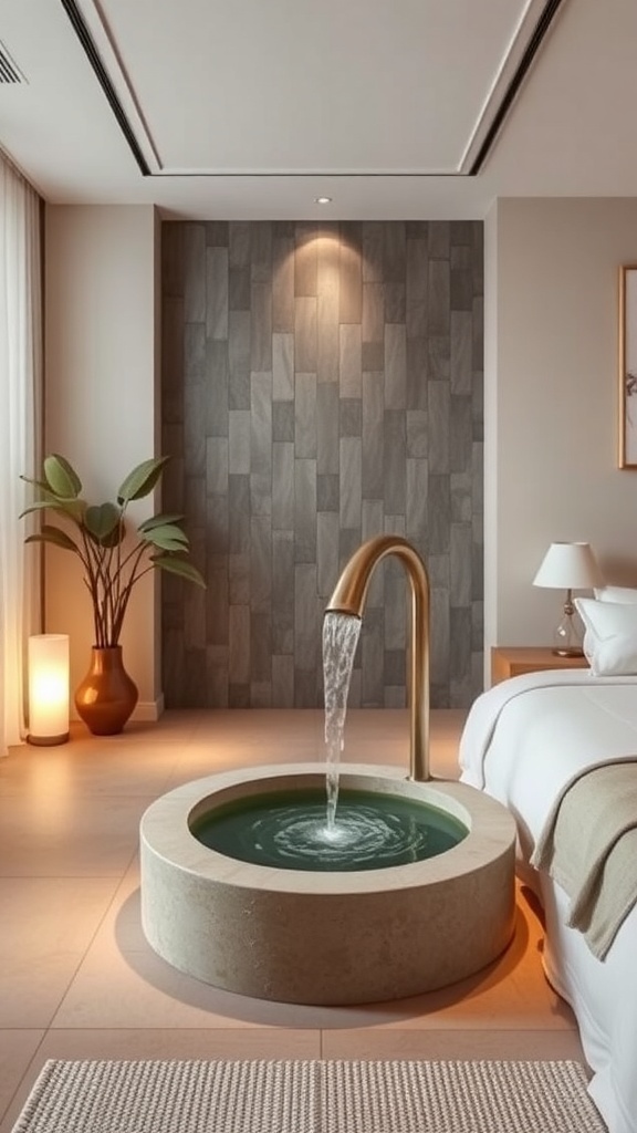 A calming water feature in a modern bedroom, featuring a round basin with flowing water and minimalist decor.