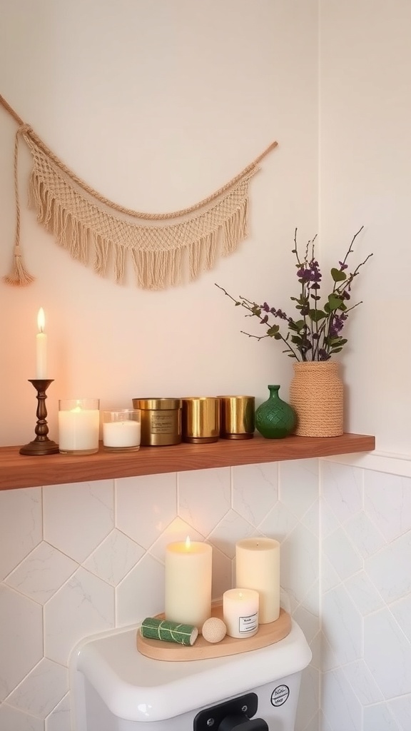 A cozy bathroom candle display featuring various candles on a wooden shelf, complemented by a macramé wall hanging and a potted plant.