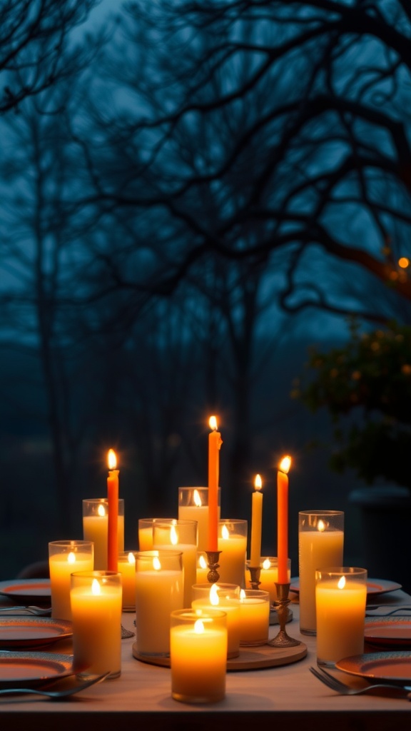 A table set with various candles glowing softly against a dark background, creating a warm and inviting atmosphere.
