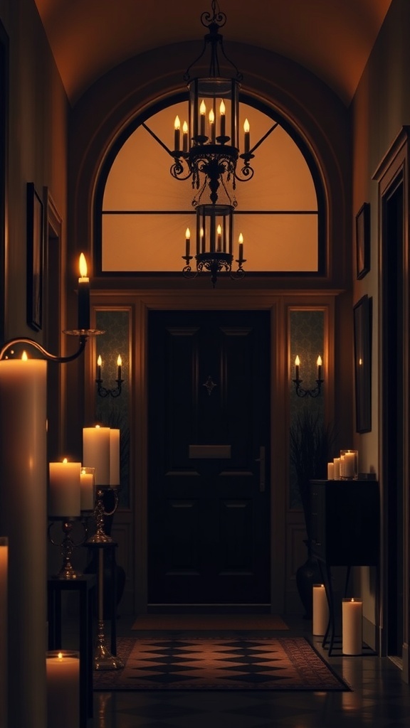 Ein stilvoller Flur mit Kerzen und einer eleganten Deckenlampe, die eine einladende Atmosphäre schafft.