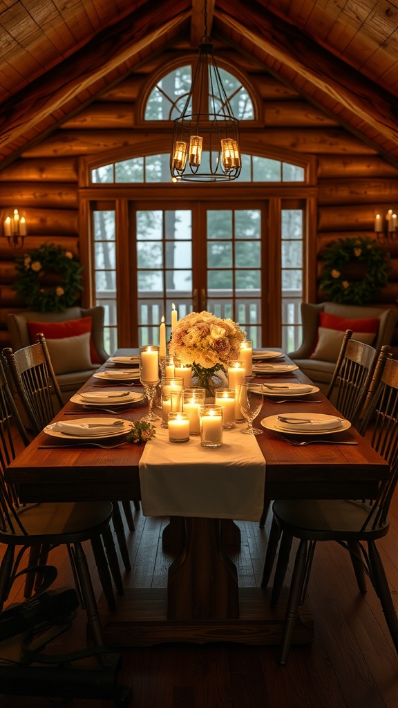 Cozy candlelit dining setup in a cabin with a wooden table, plates, and candles.