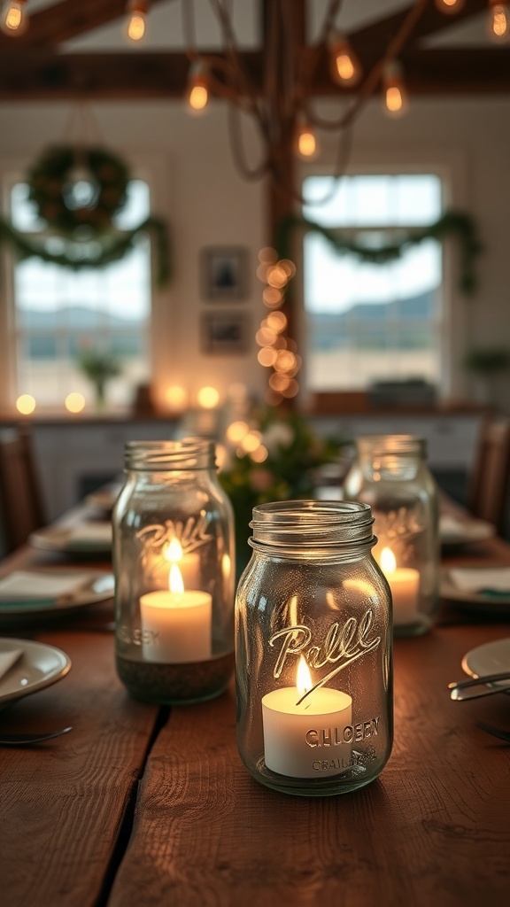 Mason jars with candles on a wooden table, creating a cozy atmosphere