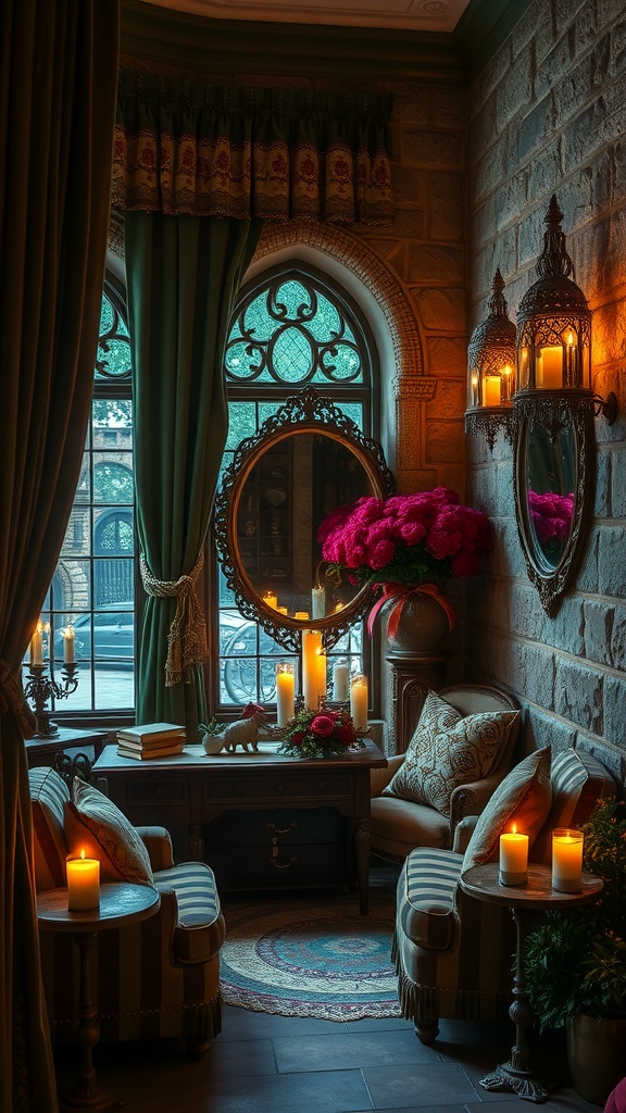 A cozy nook with plush seating, candles, and decorative elements.