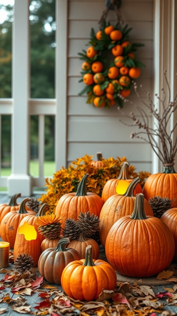 A cozy display of pumpkins, pinecones, and autumn leaves with candlelight.