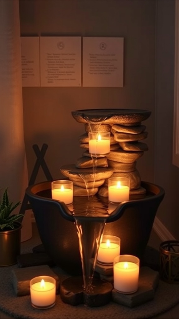 A candlelit water fountain with stacked stones and glowing candles.