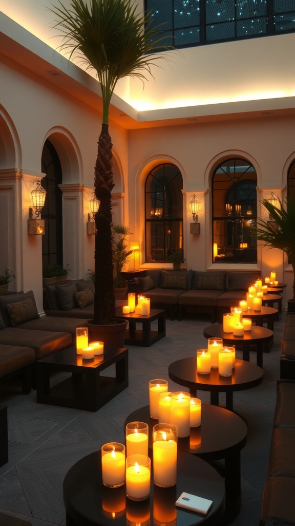Cozy lounge with candles on tables, creating a warm atmosphere.