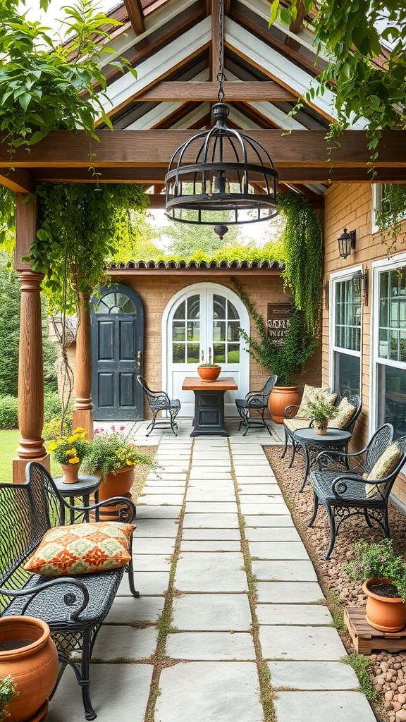 A cozy patio with stone pathway, wrought iron furniture, and lush greenery.