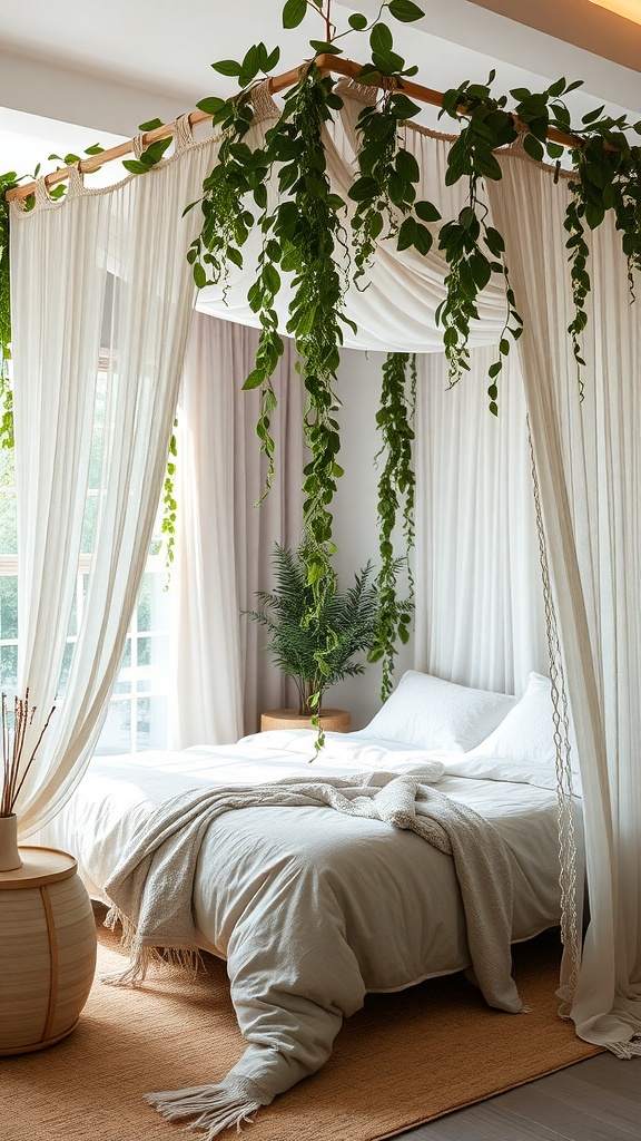 A cozy bedroom with a canopy made of cascading greenery and soft curtains, featuring a bed with a textured blanket and a potted plant.