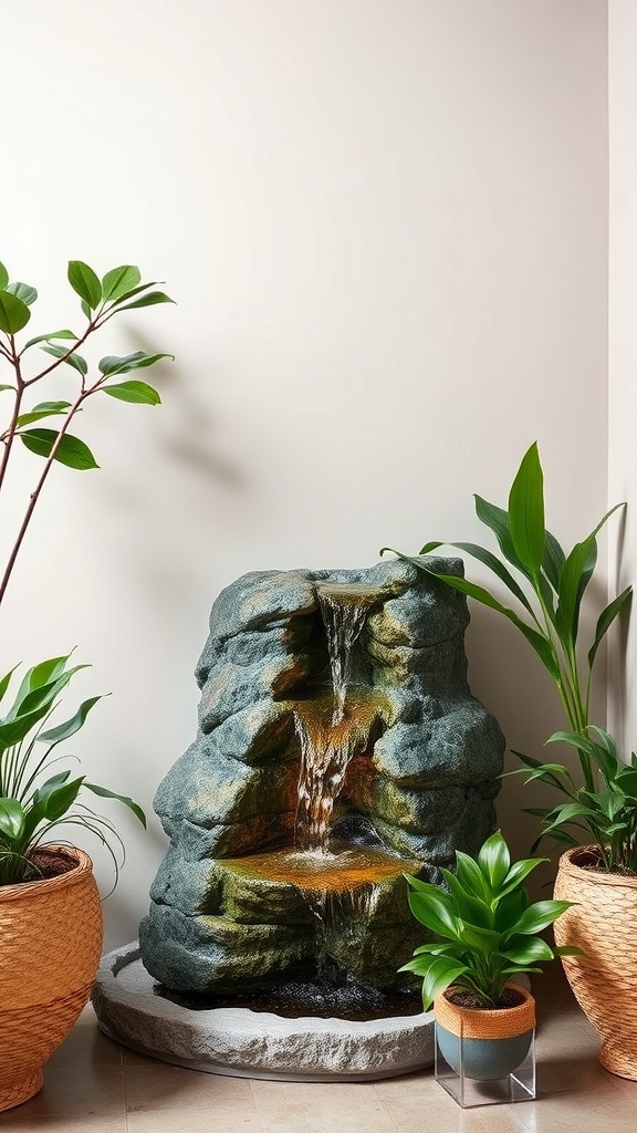 A cascading rock fountain surrounded by green plants in stylish pots.