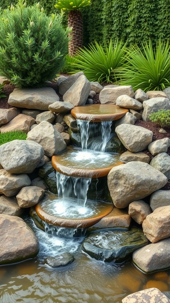 A beautiful cascading stream fountain made of smooth stones, surrounded by lush greenery.