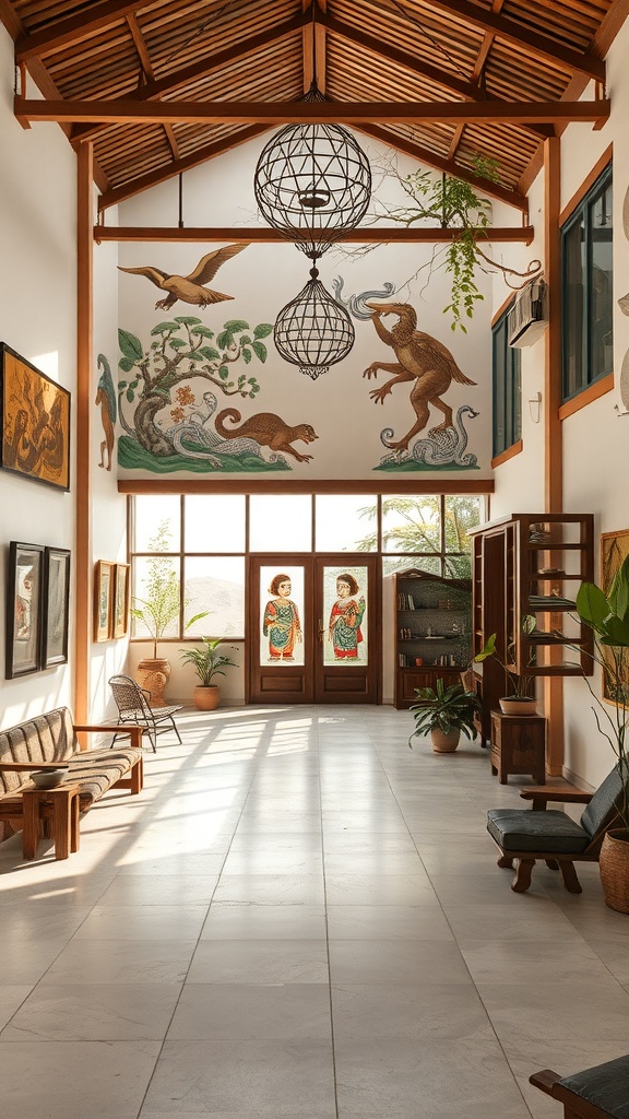 Interior of a sanctuary with cultural murals, wooden beams, and natural light