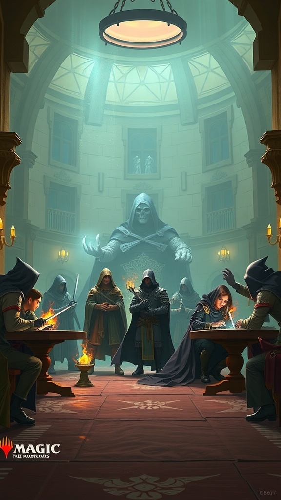 A dramatic scene in a grand hall with cloaked figures gathered around a table, focused on their tasks, with a towering statue in the background.
