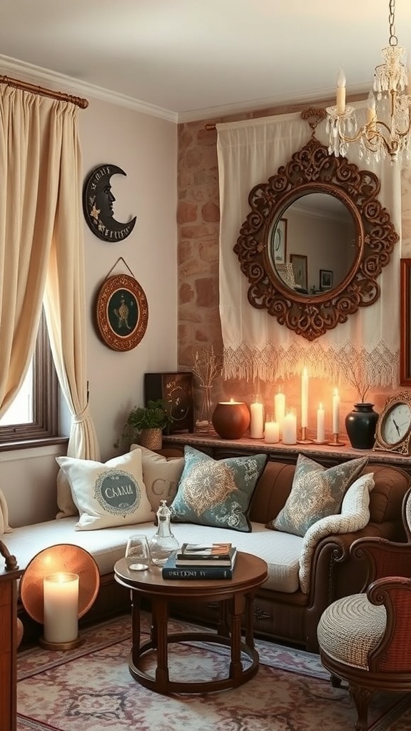 Cozy living room with celestial-themed decor, featuring moon and star motifs, soft lighting, and vintage furnishings.