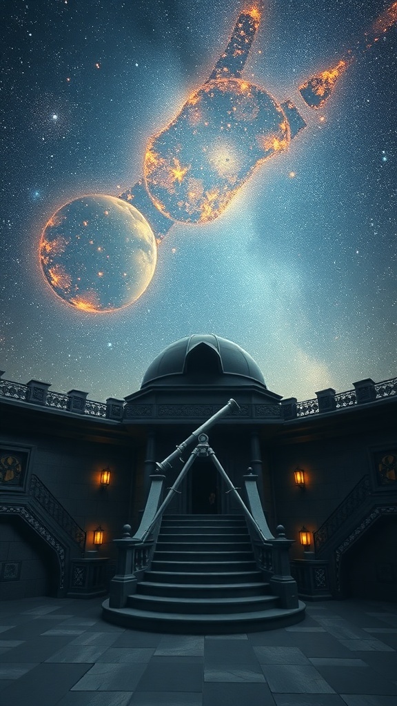 A celestial observatory with a grand telescope and a starry sky above.