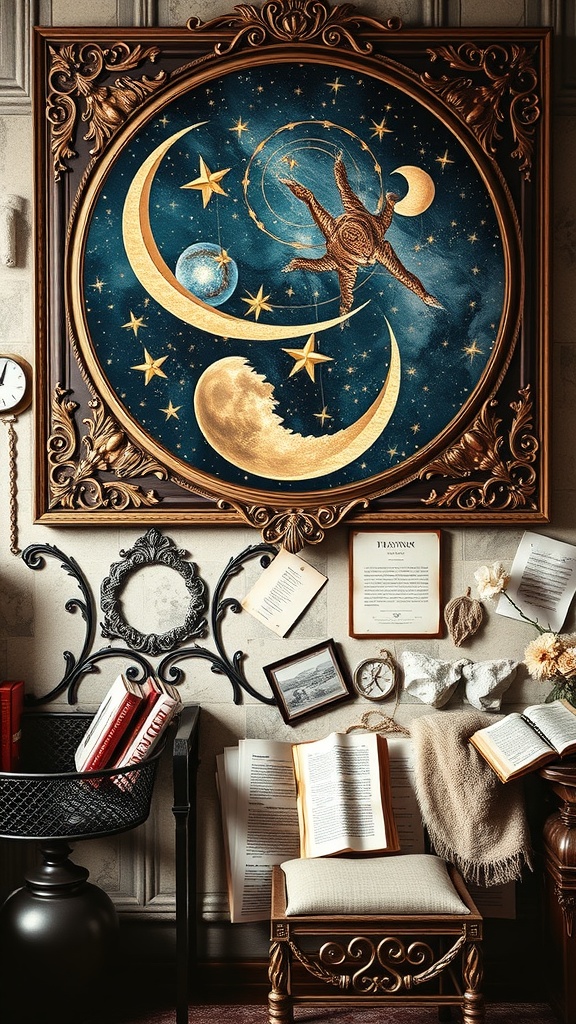 A celestial wall art piece featuring moons, stars, and a whimsical design.