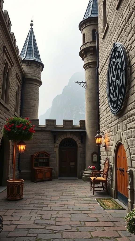 A beautiful castle courtyard featuring stone walls, decorative lanterns, and a Celtic knot accent on the wall.