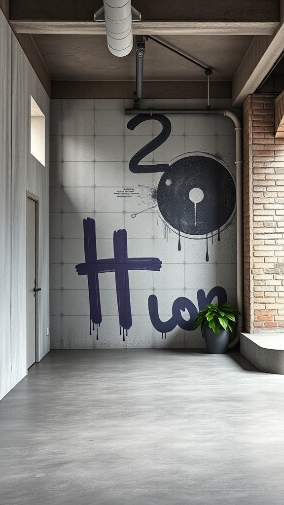Interior wall with cement finish and graffiti art, showcasing an industrial style.