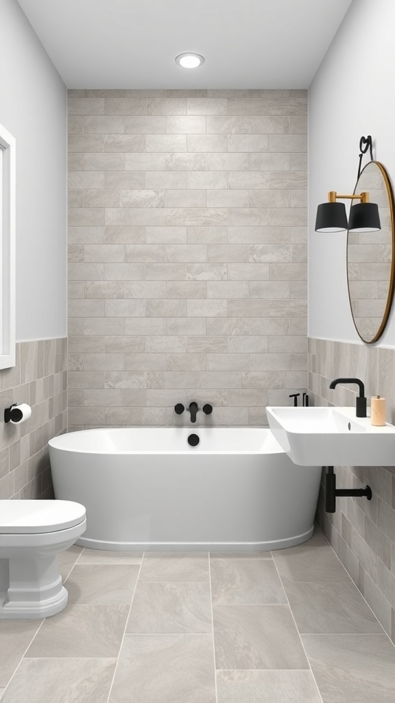 Modern bathroom featuring cement look tiles, a white bathtub, and black fixtures.