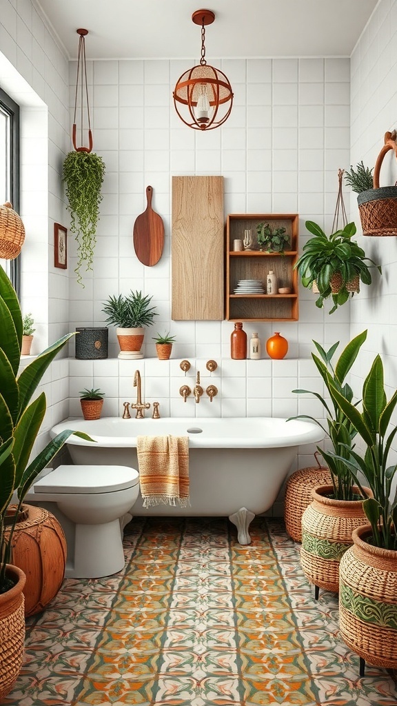 A stylish bathroom featuring cement tiles with vibrant patterns, plants, and wooden accents.