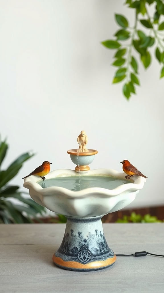 A ceramic birdbath fountain with two bird figurines, featuring a gentle water flow.