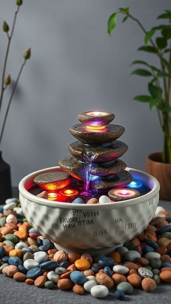 A ceramic bowl fountain with stacked stones and colorful LED lights, surrounded by pebbles.
