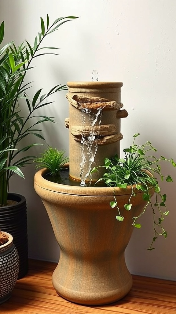 A ceramic pot fountain with water flowing over textured layers, surrounded by small green plants.