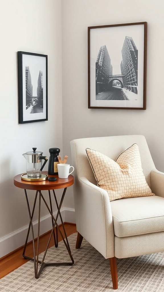 A cozy chairside coffee station featuring an orange chair and a small side table with a coffee maker and pots.