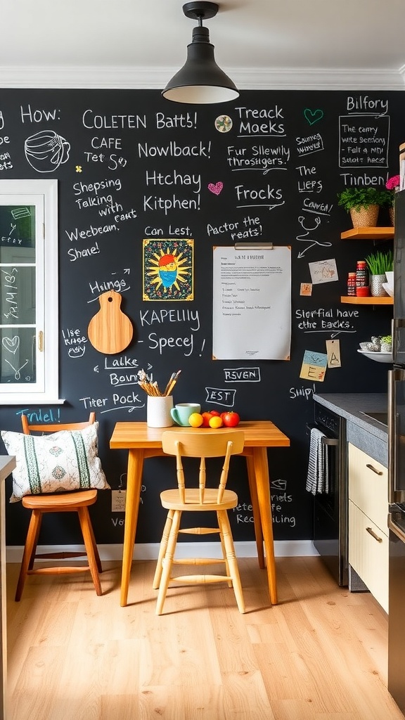 A kitchen with a chalkboard accent wall filled with colorful drawings and notes.