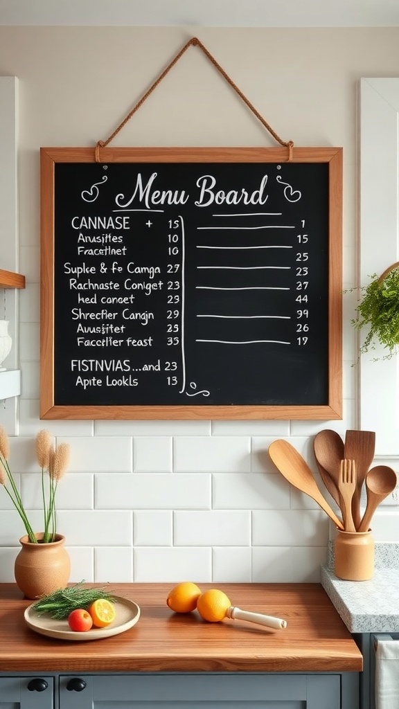 Chalkboard menu board hanging in a kitchen with wooden frame and handwritten menu items.