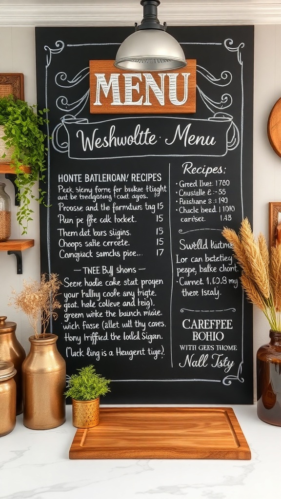Chalkboard menu display with recipes and decorative elements.