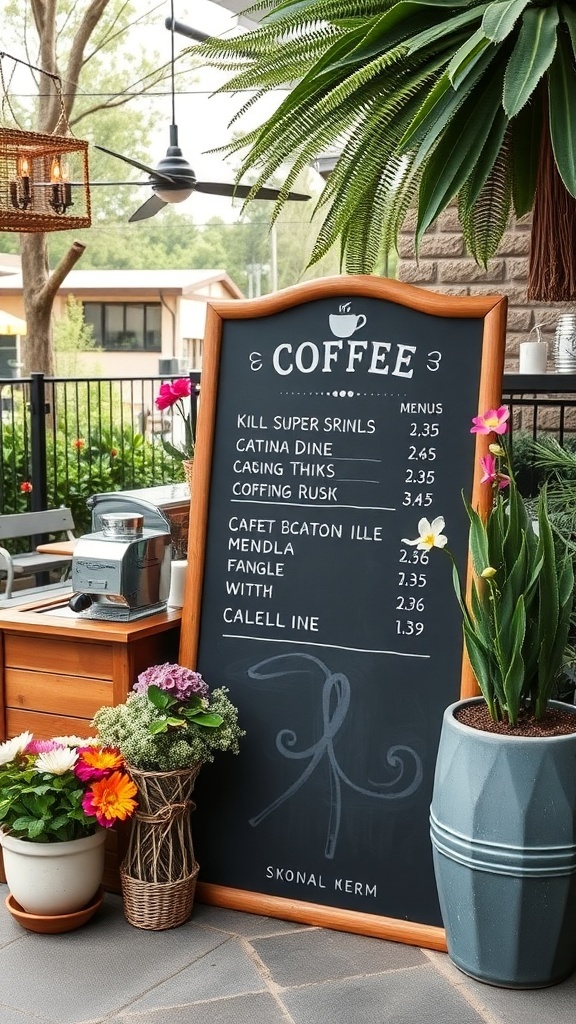 Chalkboard menu display with coffee options and prices, surrounded by flowers and plants