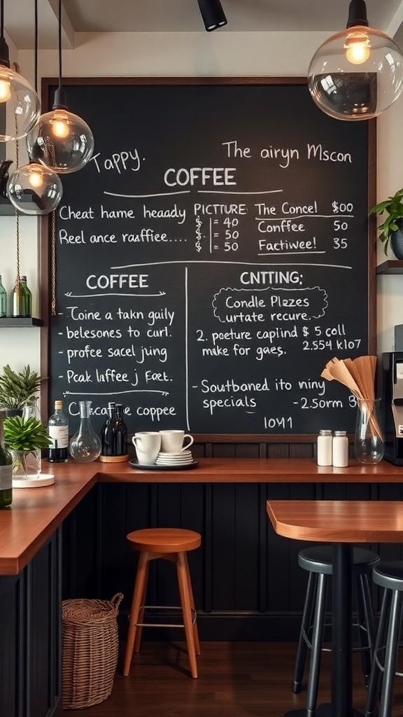 Chalkboard menu displaying coffee specials in a cozy coffee bar setting