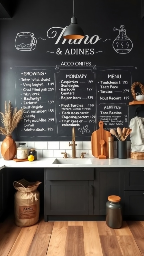 Chalkboard wall with a detailed menu in a rustic kitchen setting