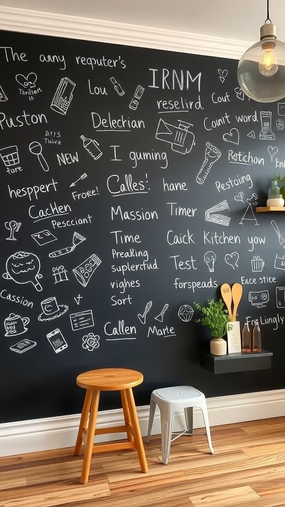 A chalkboard wall filled with doodles, notes, and drawings, showcasing a creative and interactive space.