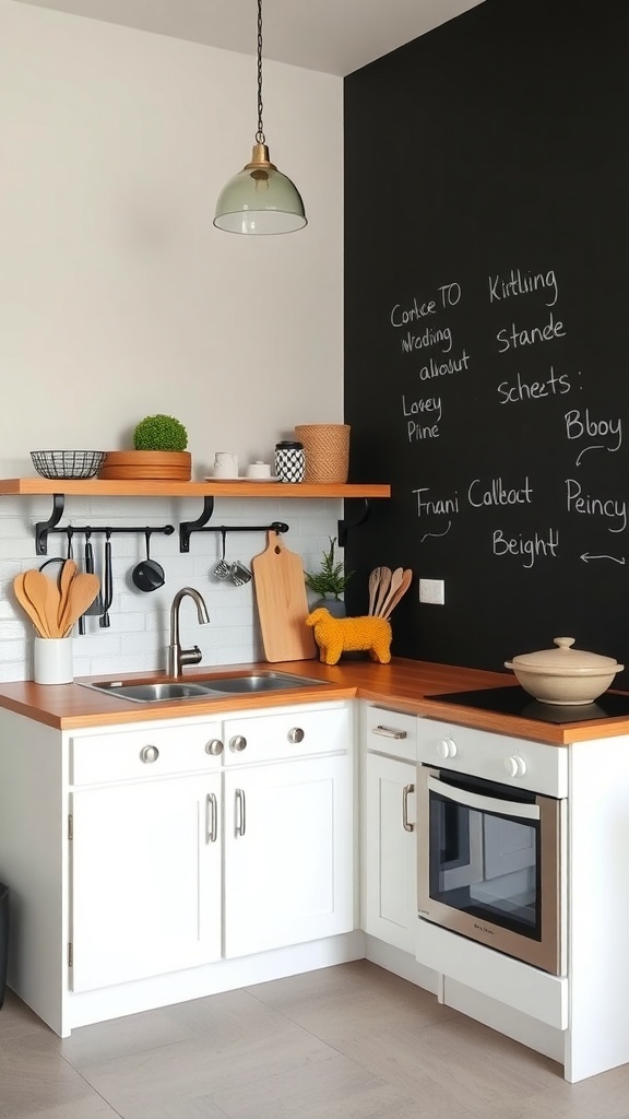 A modern kitchen featuring a chalkboard wall with handwritten text.