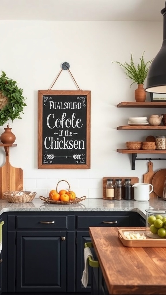 Chalkboard wall art in a kitchen with the phrase 'TAME IS CHICHTATE' framed in wood