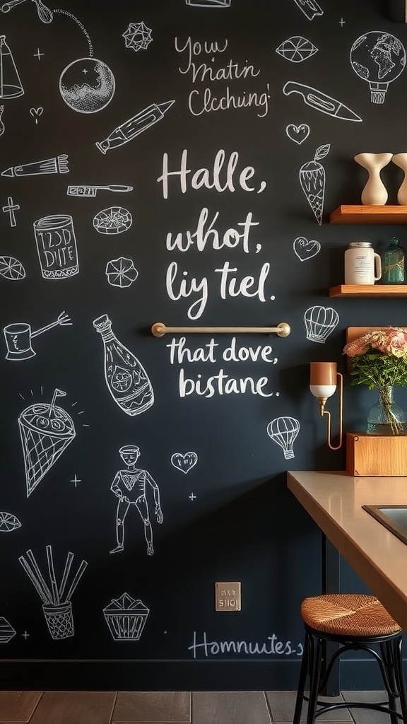 Chalkboard wall art with whimsical designs and phrases in a cozy kitchen setting.