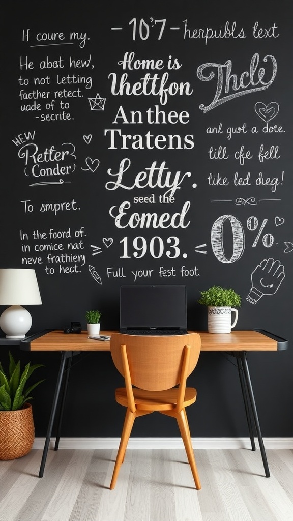 A stylish workspace featuring a chalkboard wall with various handwritten quotes and designs.